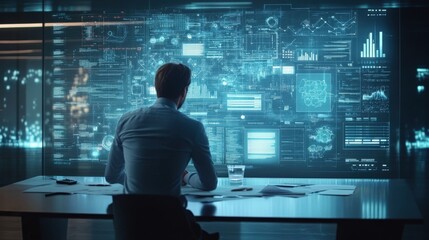 Fototapeta premium Engrossed in thought the entrepreneur leans slightly closer to the large digital board analyzing a complex flowchart that outlines multiple digital marketing avenues while notes and