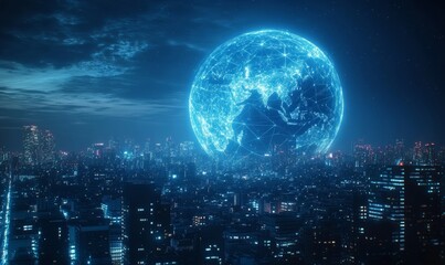 Global Network Digital Cityscape Futuristic Blue Night City Lights Data World Urban Globe Modern    