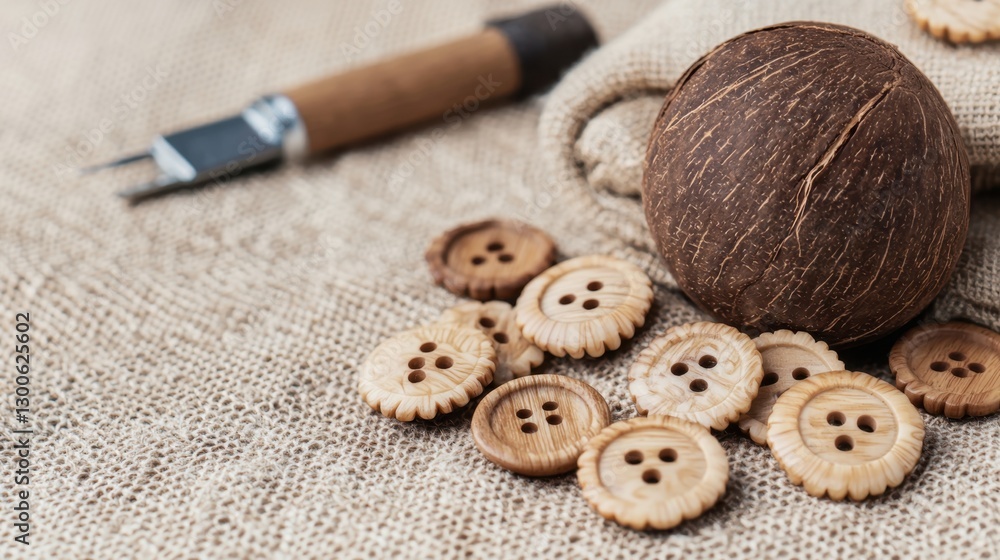 Aufkleber coconut shell handmade concept, hand-carved coconut shell buttons with intricate patterns on natural