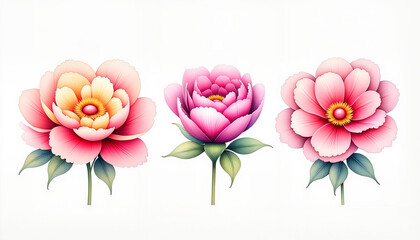 Fototapeta premium Lush peony flowers arranged artistically, soft petals in pastel colors on a white background, ideal for blogs, stationery, and educational materials on nature and floral design