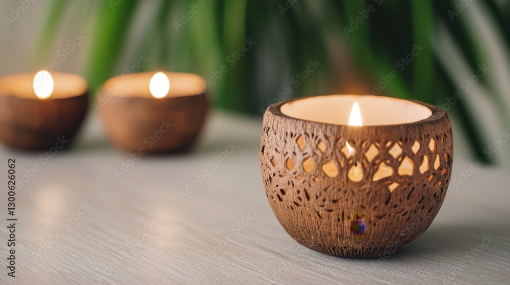 Poster coconut shell handmade concept, beautiful coconut shell tealight holder with intricate pattern for e
