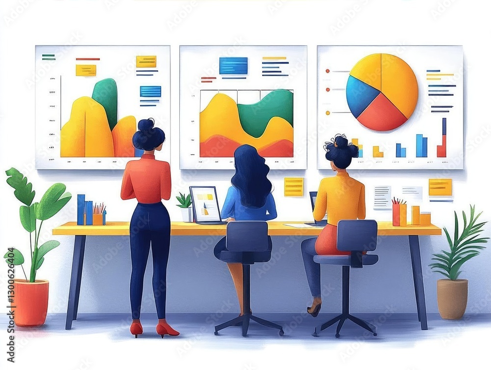 Aufkleber three professionals analyzing colorful data charts in a modern office setting with plants