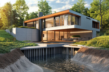 Elegant modern house designed with large glass windows, surrounded by lush greenery and a peaceful water feature during daylight