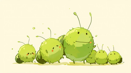 Cute animated green creatures with smiling faces walking together in a whimsical, light background