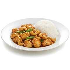 white plate of chicken sauted cashew nuts and rice on white background
