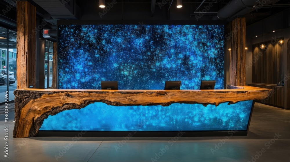 Aufkleber large wooden reception desk with backlit resin panel creating a stunning visual effect in a modern h