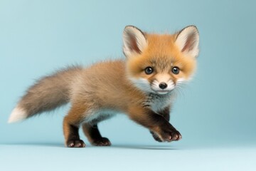 Obraz premium Cute red fox cub playfully running against a light blue background in a studio setting