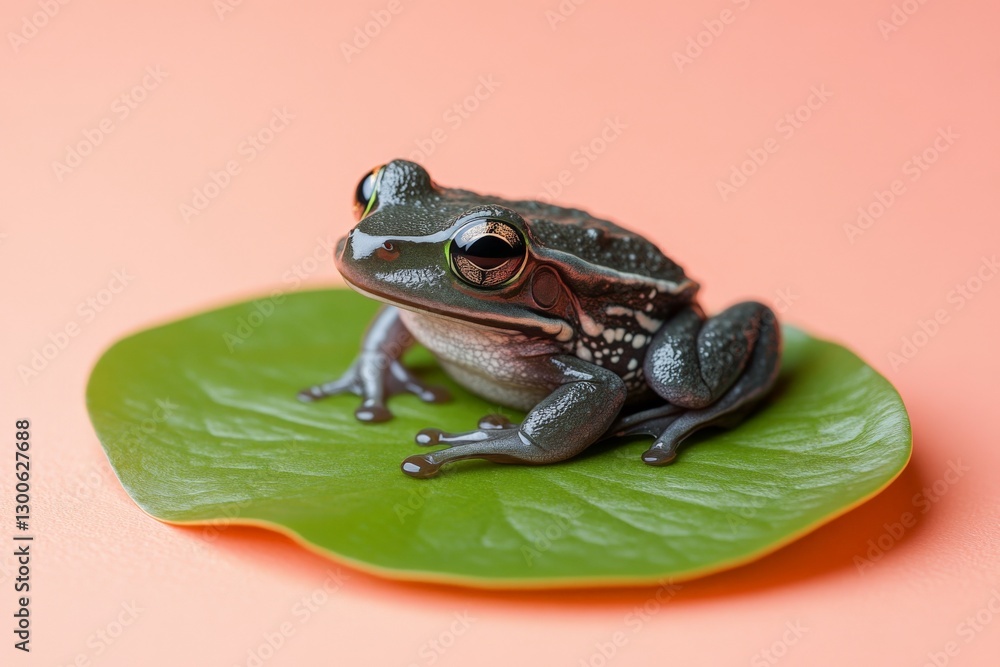 Poster frog resting on a green leaf with a soft pink background in a calm indoor setting