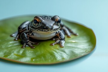 Unique frog resting on a green lily pad against a soft blue background during a calm afternoon