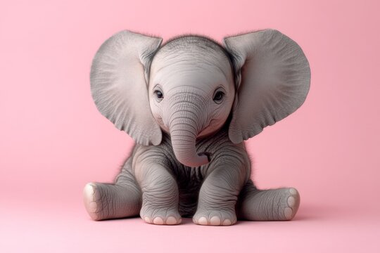Cute baby elephant sitting on pink background, showcasing its playful nature and big ears