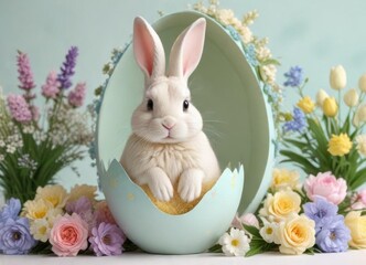 Pastel colored bunny in Easter egg-shaped card with flowers ,  floral,  colorful,  rabbits