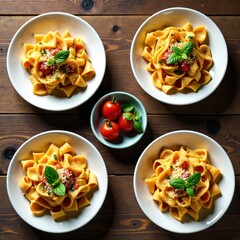 Pasta dishes arranged in a collage on a wooden table , table, kitchen