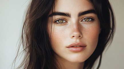 Obraz premium beautiful Caucasian woman with clear skin, cosmetic,beige background