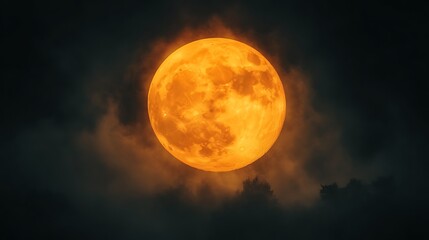 Obraz premium A large orange moon rises over a dark forest