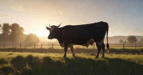Profile of a cow in a silhouetted farm landscape , shadow, fields