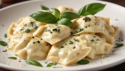 Ravioli filled with ricotta and herb mixture served in a shallow bowl garnished with fresh basil leaves and cream sauce,  flat lay, ricotta,  serving bowl