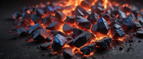 Red and blue burning embers on a black surface, glowing softly,  ember light,  blue embers