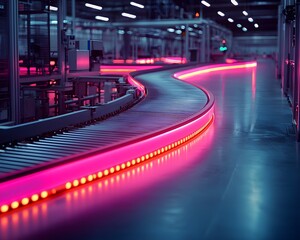 Glowing Conveyor Belts in Dynamic Factory Interior Showcasing Modern Industry Efficiency