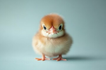 Fototapeta premium Young bird stands alone against a soft blue background, showcasing its fluffy feathers and curious expression