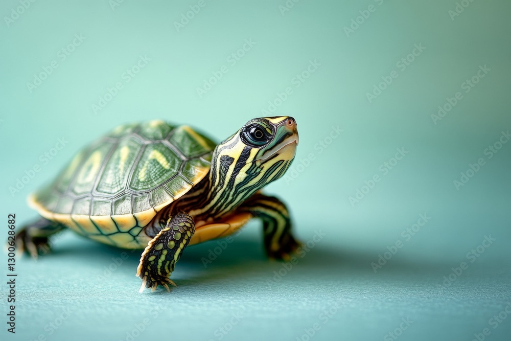 Poster brightly colored turtle exploring on a teal surface in a calm indoor setting