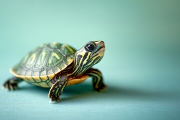 Obraz premium Brightly colored turtle exploring on a teal surface in a calm indoor setting