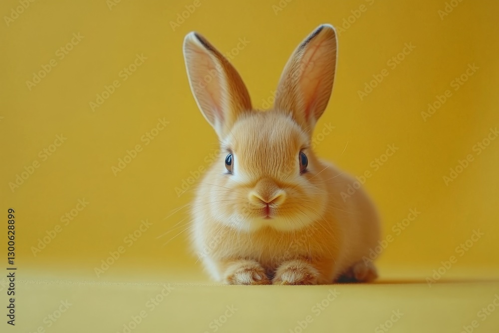 Poster cute fluffy rabbit with long ears resting on yellow background in a playful pose