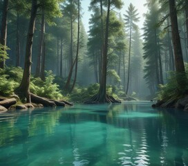 Serene forest scene with soft, blue-green water and tall trees,  trees,  calm