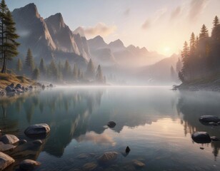 Serene mountain lake at sunrise with mist rising from water,  sunrise, mountain,  mist