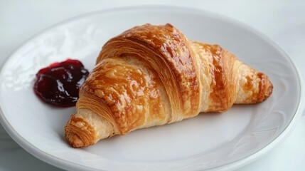 Buttery croissant with a side of fruit preserves on a plate.