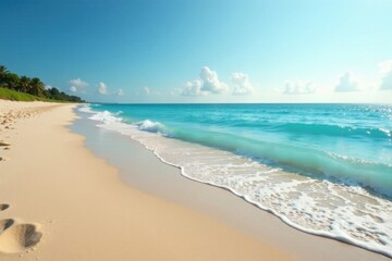 Serene sandy beach with soft blue ocean wave gently lapping at shore, sandy, serene
