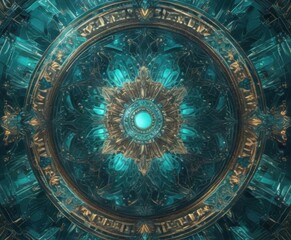 Shimmering teal background reflects a kaleidoscope of colorful patterns,  reflection,  shimmer