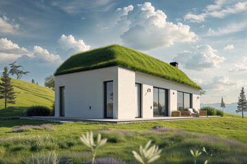 Obraz premium Contemporary house blends seamlessly with nature, boasting a vibrant green roof on a sunny hillside.