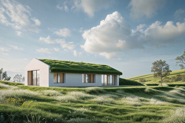 A contemporary home features a vibrant green roof, nestled within a serene, grassy landscape.