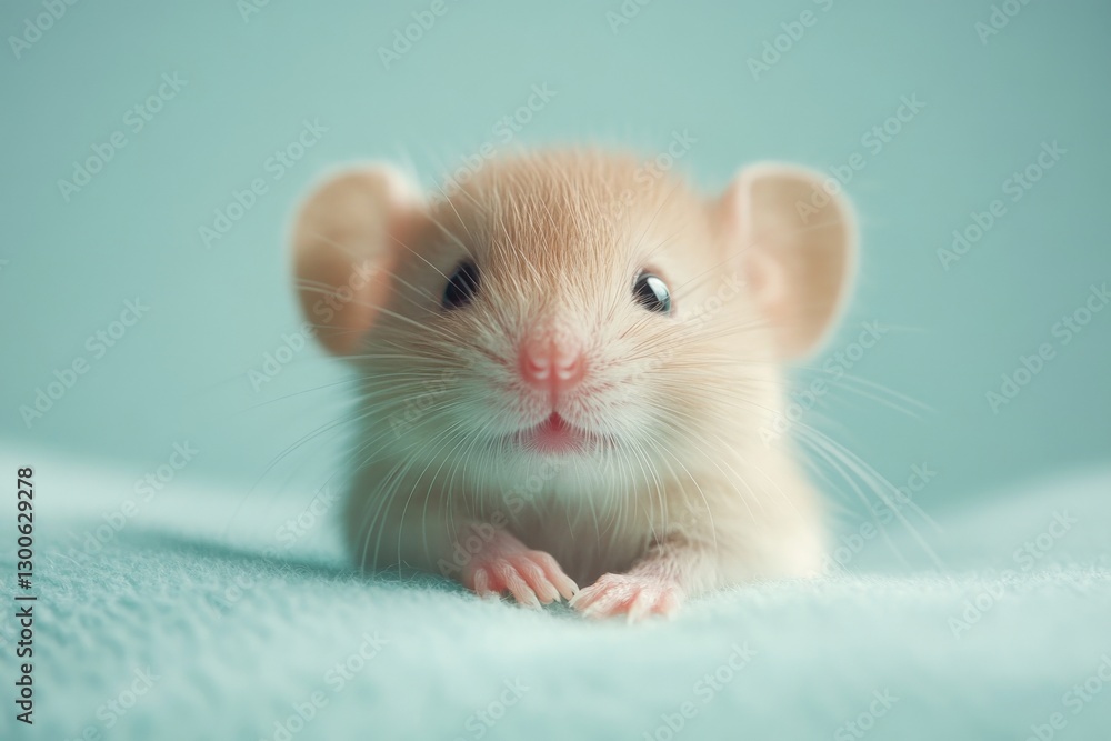Poster cute small mouse with big ears resting on soft fabric in a bright setting