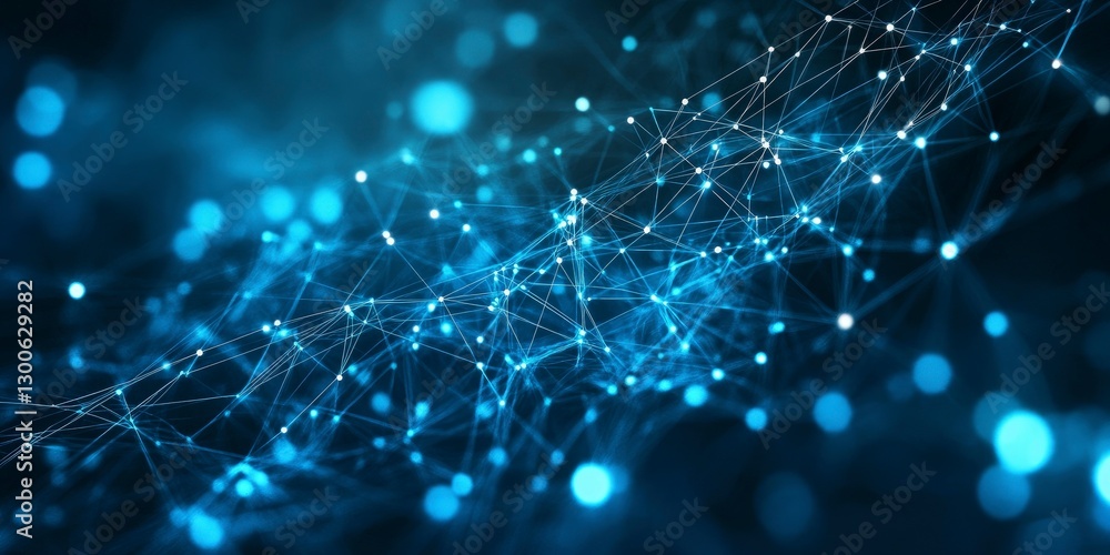 Poster abstract blue background with glowing lines and dots forming an intricate network of connections, sy