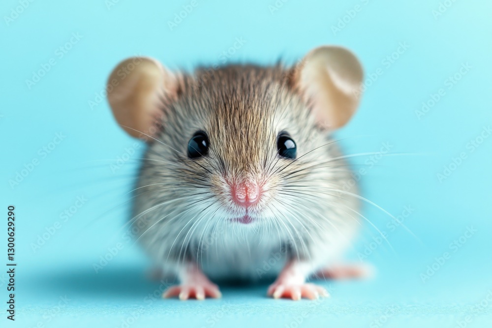 Poster cute small mouse with large ears explores a light blue background in a playful pose