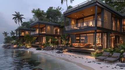 Naklejka premium A beachside villa with open balconies facing the ocean. HD 8K wallpaper Photographic Image