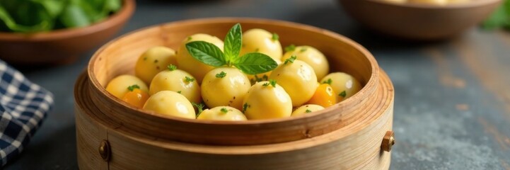 Steamed gnocchi in a wooden basket on a modern table , modern, meal