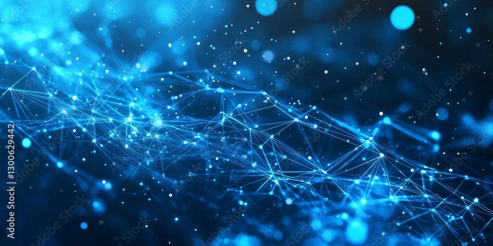 Poster abstract blue background with glowing lines and dots forming an intricate network of connections, sy