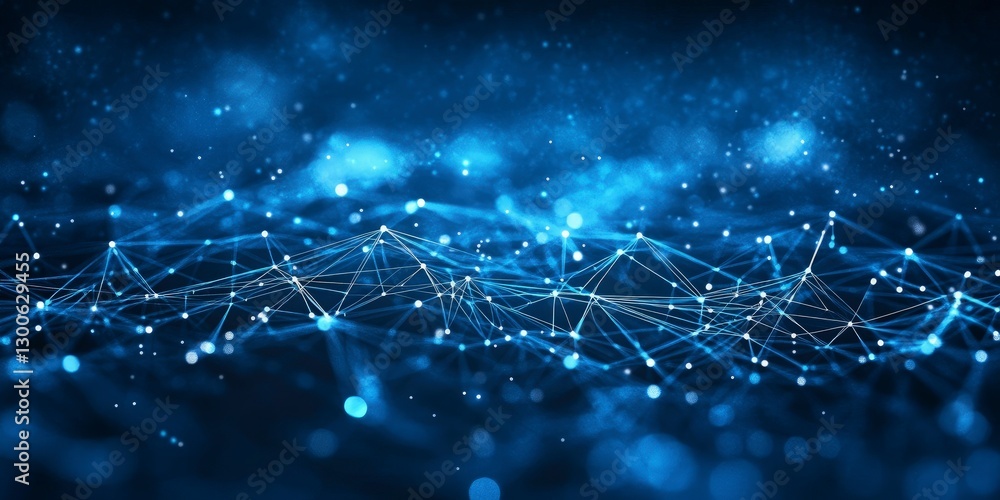 Poster abstract blue background with glowing lines and dots forming an intricate network of connections, sy