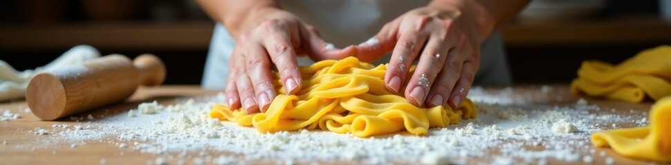 Wooden board with flour dust, hands kneading pasta dough gently , , wood