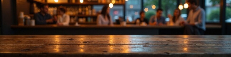Wooden surface in dimly lit cafe, cafe table, blurred light