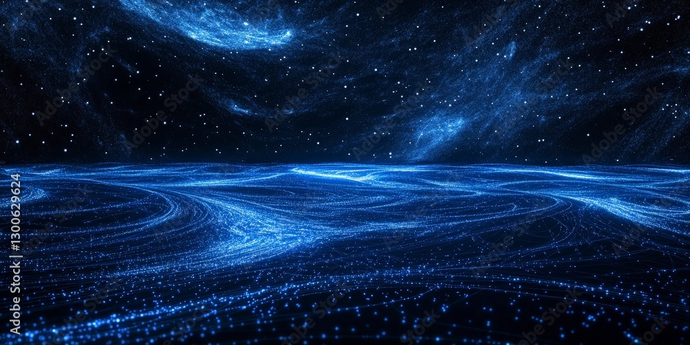 Poster abstract blue background with glowing lines and dots forming an intricate network of connections, sy