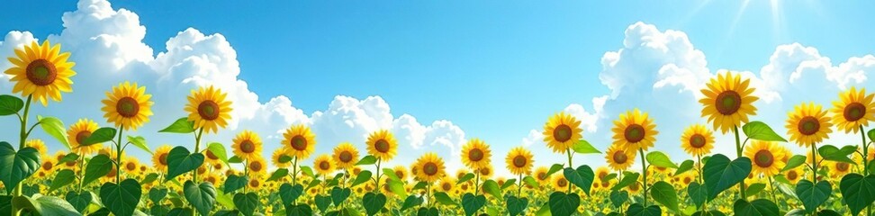 Obraz premium Tall stalks of sunflowers against the blue sky with white clouds, flowers, field, sunlight