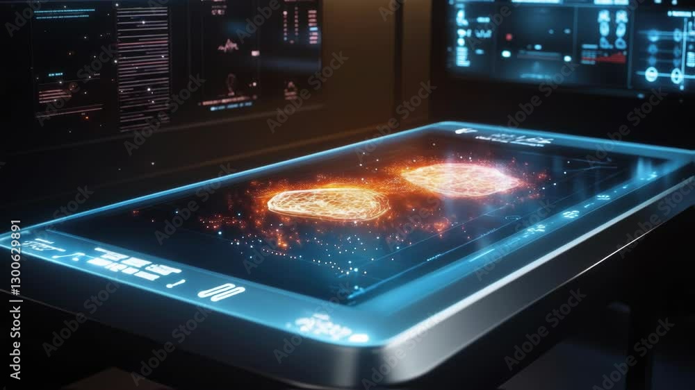 Poster transparent holographic interface displaying interconnected digital brains rotating with data stream