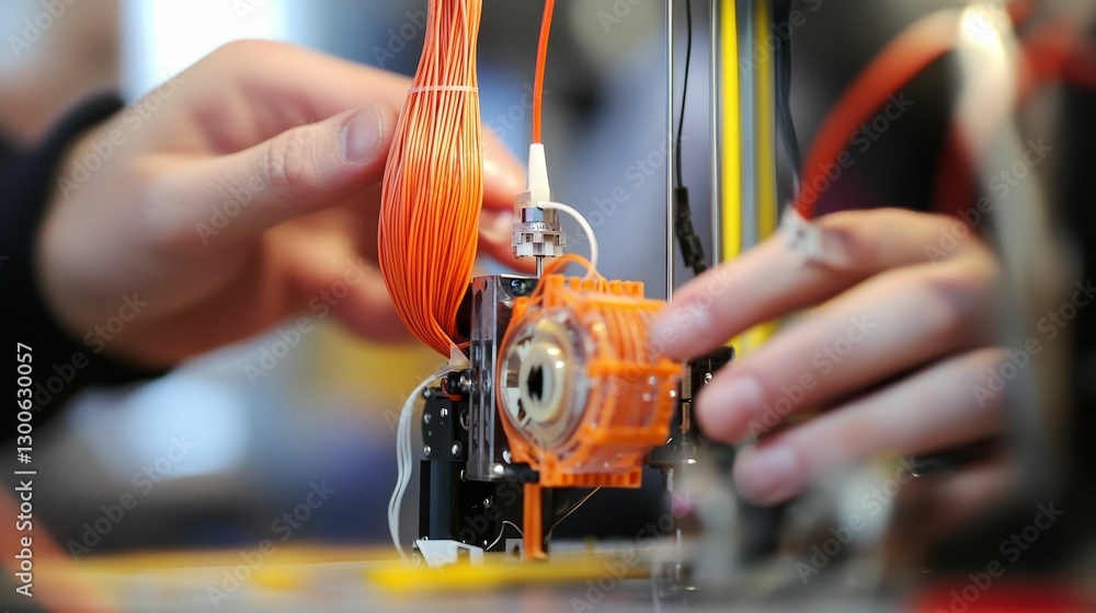 Poster hands carefully assembling a device with orange wires and components.