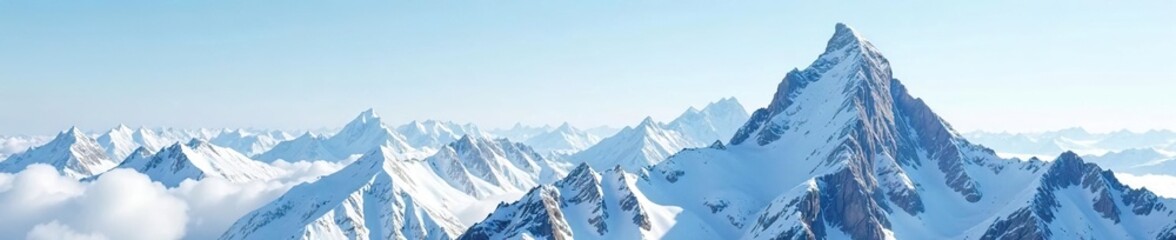 Fototapeta premium White ribbon tied to the top of a snow-covered mountain peak, landscape, majestic