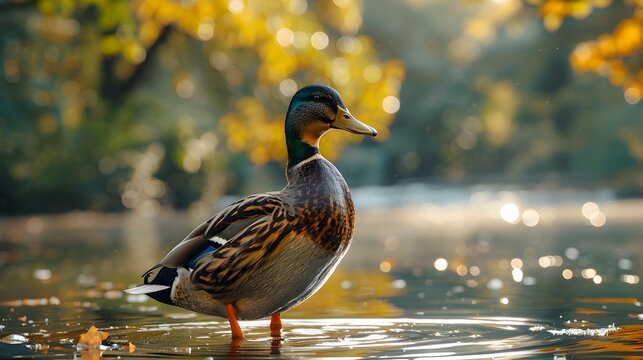 A vibrant mallard duck gracefully swimming in a serene pond surrounded by autumn foliage