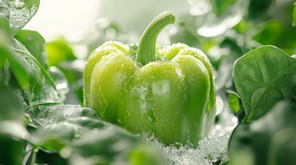 Fresh, dewy green bell pepper nestled amongst vibrant leaves.