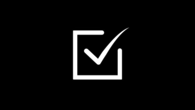 Approved tick mark icon animation on a black background. Check mark symbol